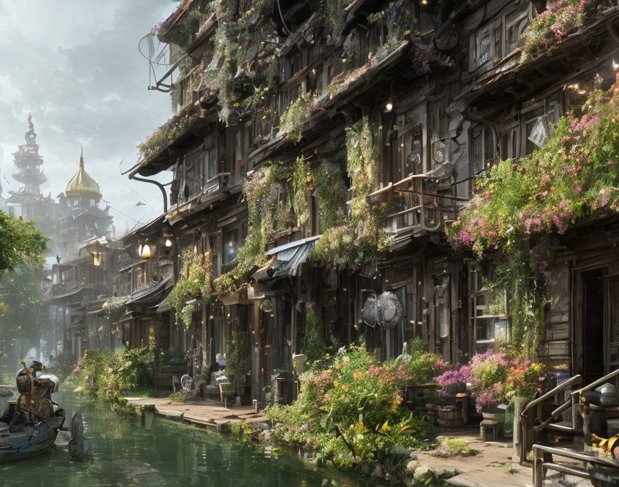Tranquil canal with wooden buildings, greenery, flowers, and person in boat
