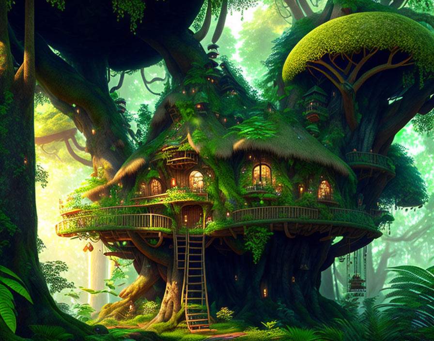 Multi-level treehouse in lush forest with glowing lights