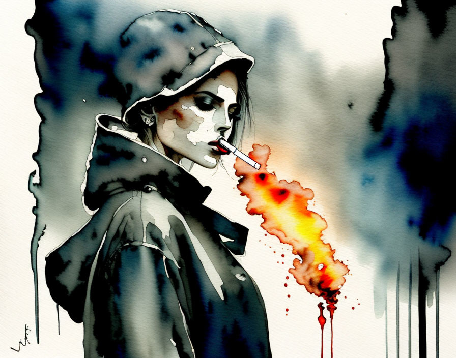 Person in hat and coat exhaling fiery colors in watercolor art