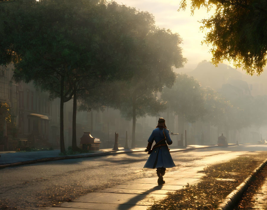 Solitary figure walking down misty, sunlit street with long shadow