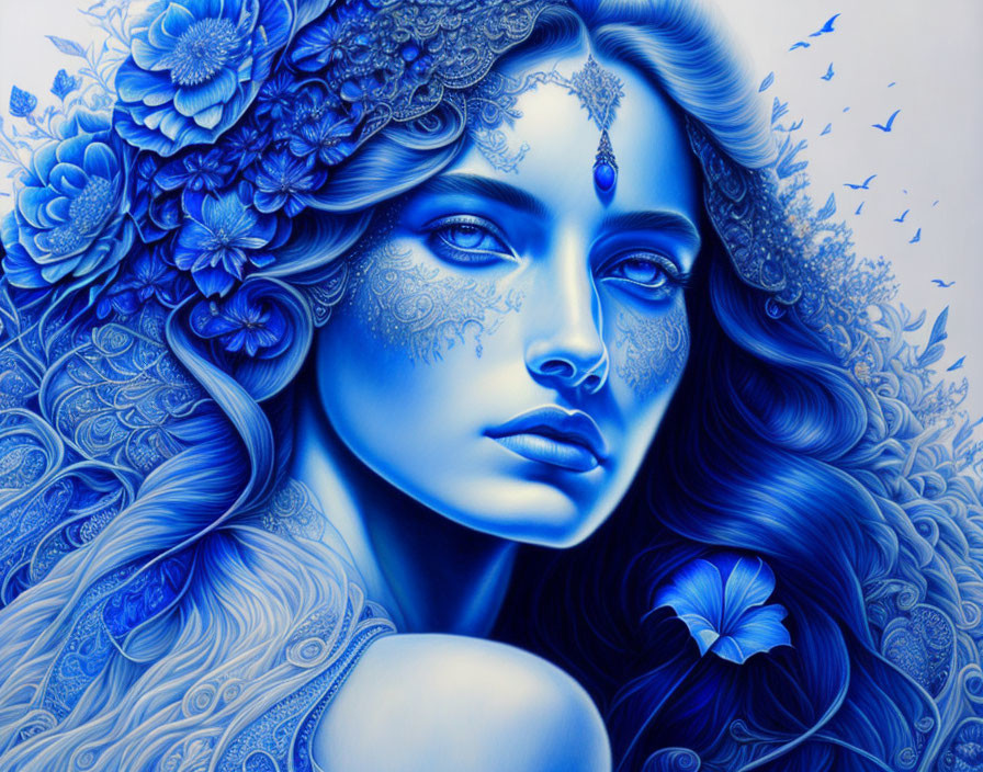 Artistic blue-toned illustration of a woman with floral patterns and butterflies.