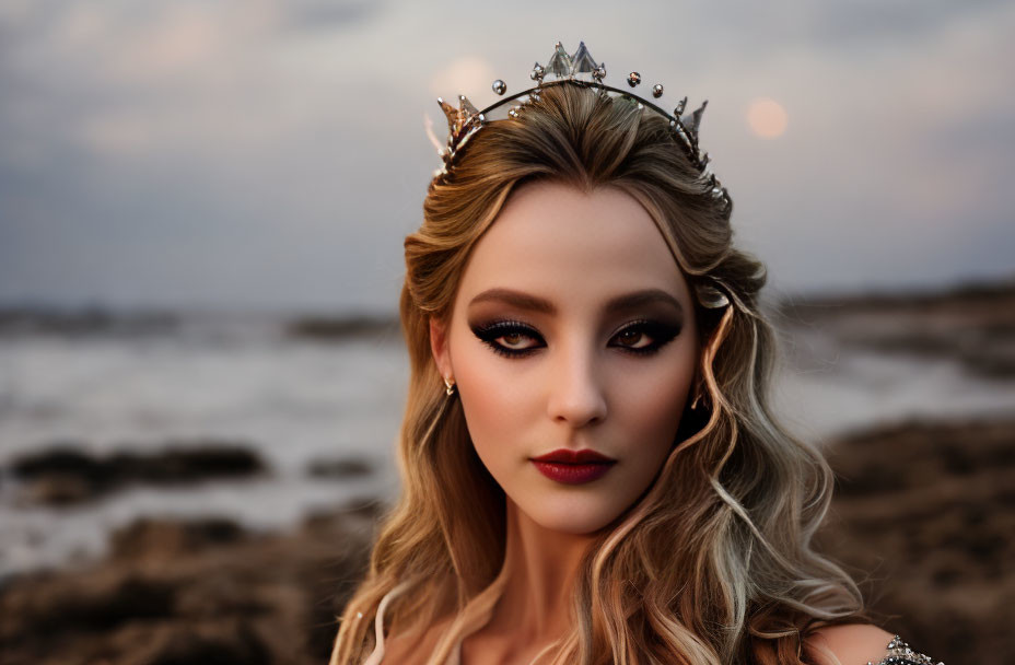 Woman with Crown Posing by Seaside at Dusk
