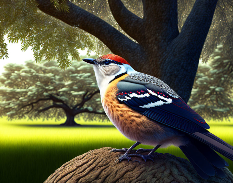 Colorful mockingbird guarding tree