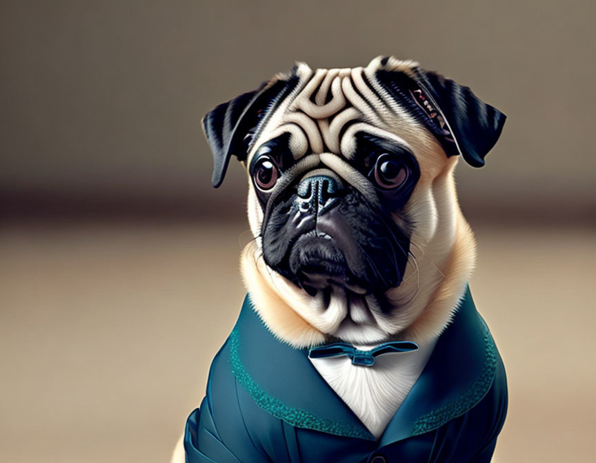 Exaggeratedly wrinkled pug in teal suit and bow tie