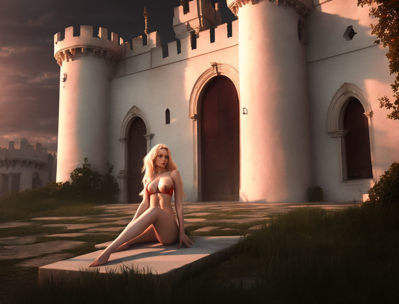 Fantasy digital artwork of woman at sunset by castle
