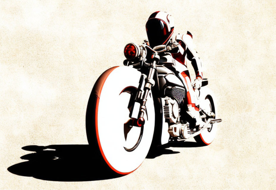 Stylized motorcycle rider in white and red suit on vintage bike