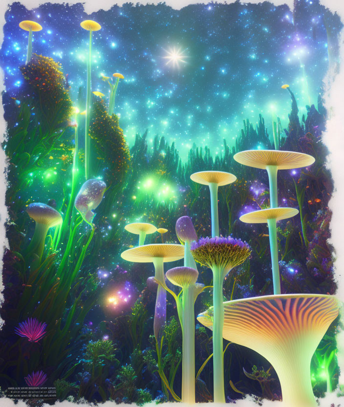 Fantastical Mushroom Forest Illustration with Glowing Plants