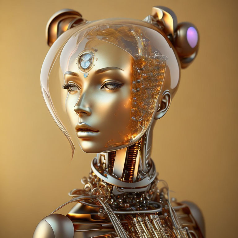 Transparent robotic head with intricate circuits and mechanical parts on gold background