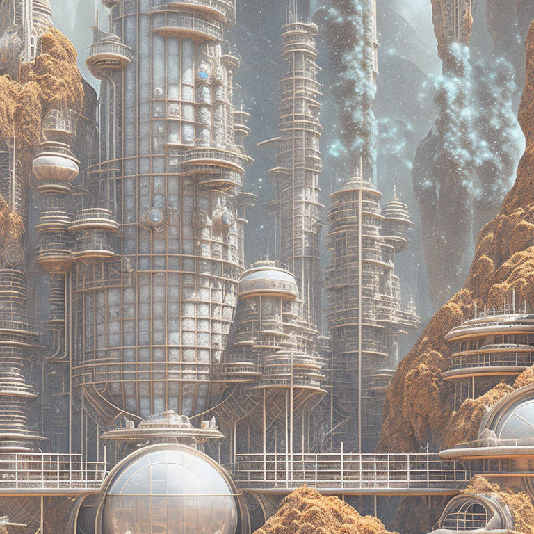 Futuristic cityscape with metallic towers and domes against mountainous backdrop