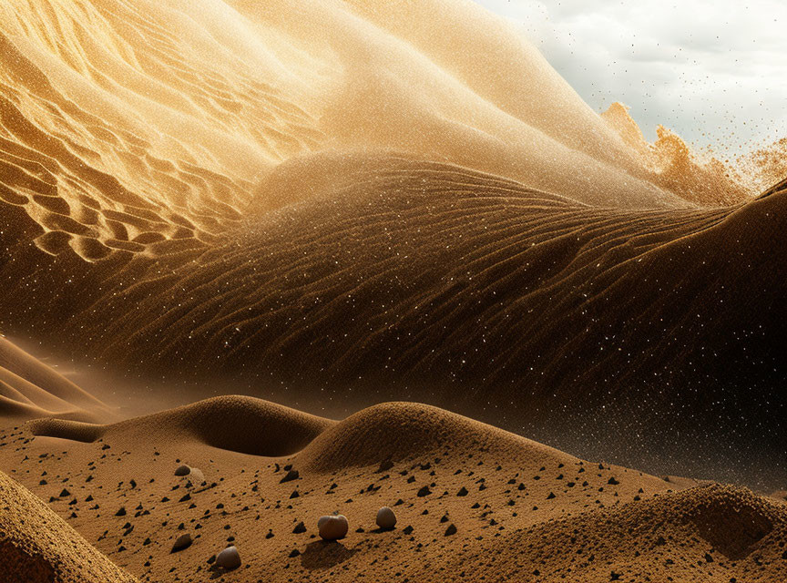 Intricate patterns in golden desert sand dunes under dramatic sky