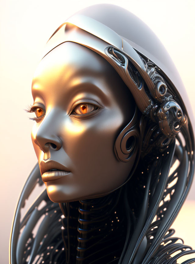 Detailed 3D illustration of humanoid robot with golden eyes and mechanical features