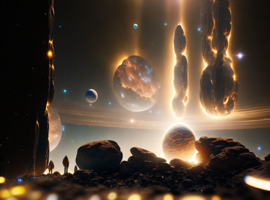 Person admiring rocky terrain under multiple large planets in celestial scene