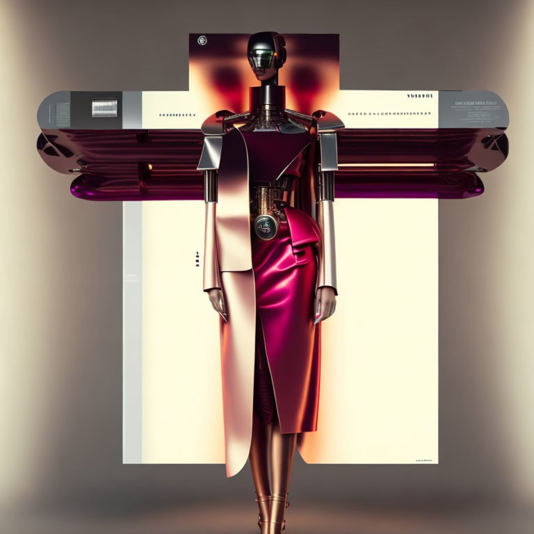 Sleek Chrome and Purple Humanoid Robot on Abstract Beige Background