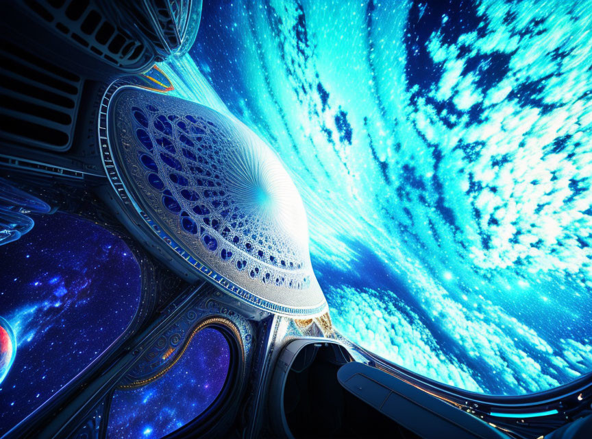 Futuristic spaceship interior with view of vibrant cosmic nebula