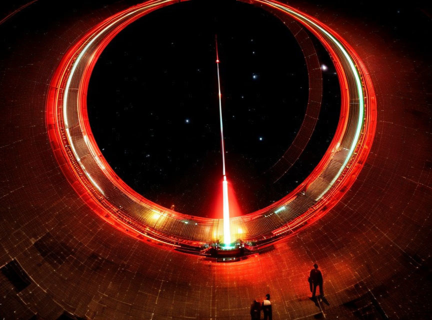 Circular Red Light Installation with Concentric Rings and People Silhouettes under Starry Sky