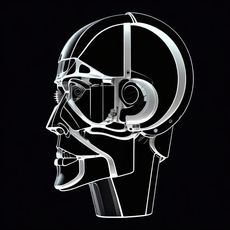 Illustration of humanoid head with mechanical structure on black background