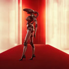Exposed mechanical humanoid robot on red platform under red backlight