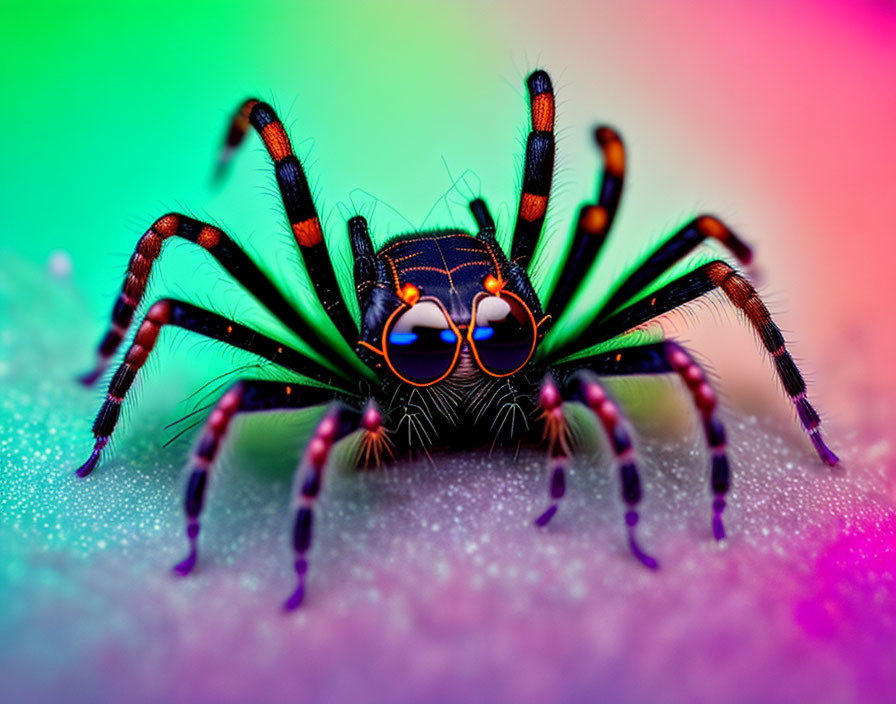 Vibrant jumping spider with iridescent fur on glittery rainbow background