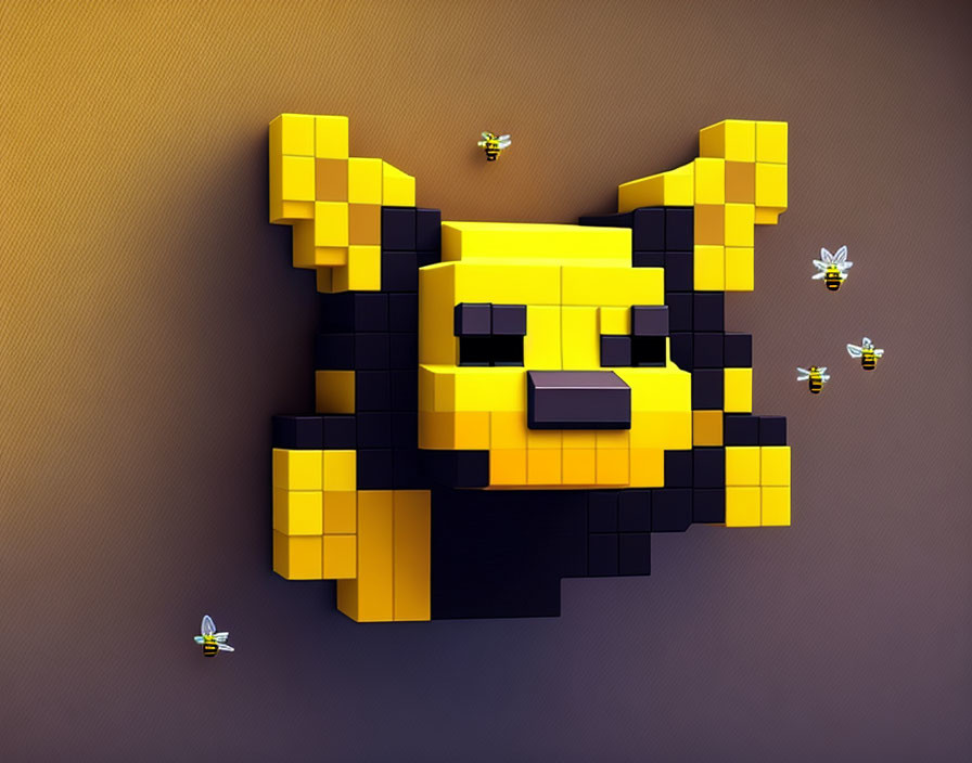 Yellow and Black 3D Pixel Art Dog Face with Bees on Brown Background