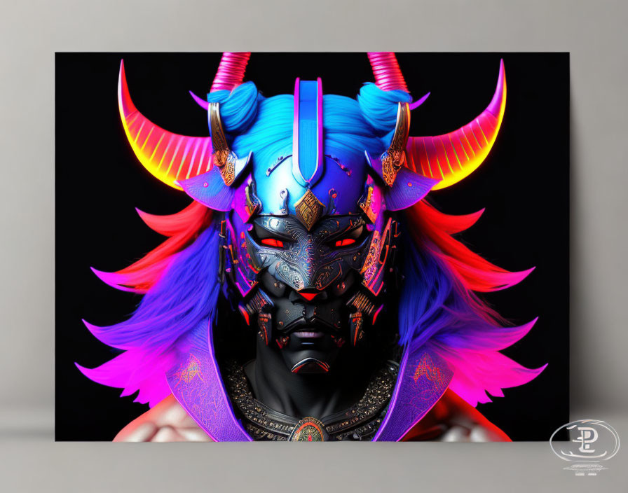 Detailed fantasy-inspired mask with horns, blue hair, vibrant colors on dark background