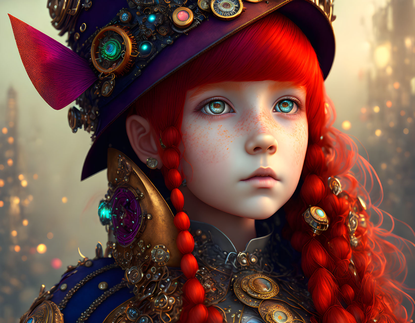 Digital artwork of young girl with red hair in ornate armor and decorated hat
