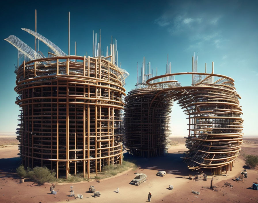 Circular wooden structures under construction in desert setting with scaffolding, workers, and vehicles.