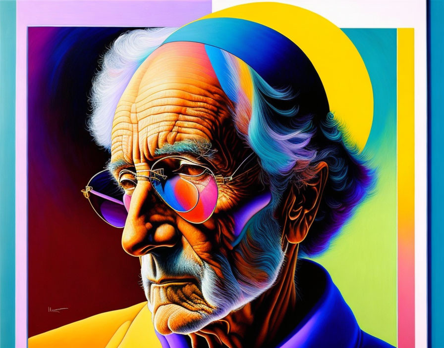 Colorful abstract portrait of elderly man with glasses.