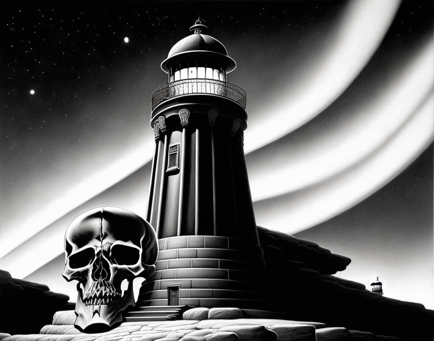 Monochrome image: Lighthouse on rocky shore with skull illusion.