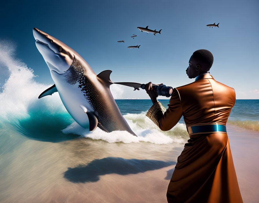 Man in brown robe captures giant leaping shark on sunny beach