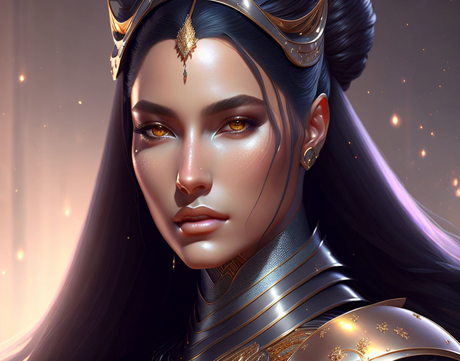 Digital artwork featuring woman in elegant crown and detailed armor.