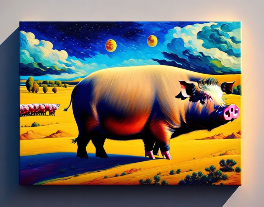 Colorful painting of large pig in whimsical landscape with rolling hills, two moons, and vibrant sky