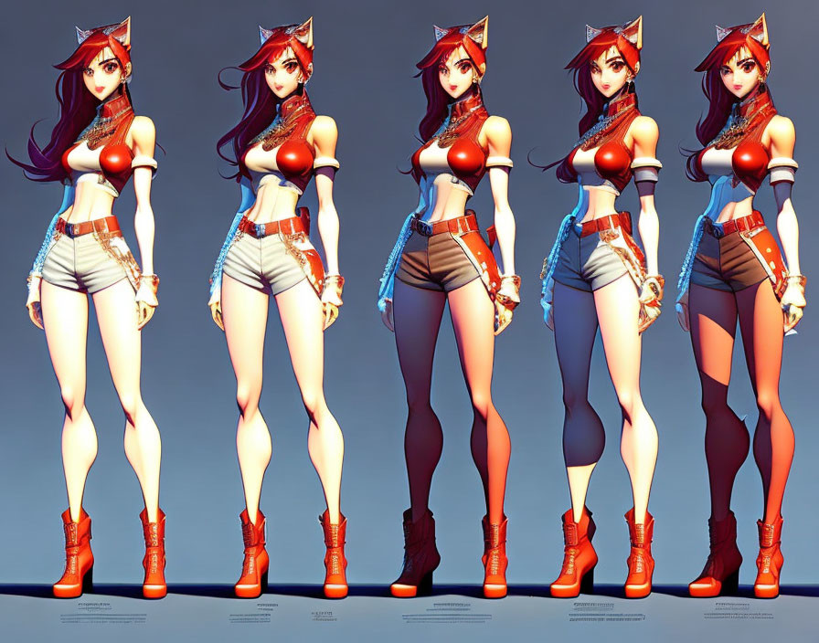 Stylized female character in five poses with red hair and cat ear headband