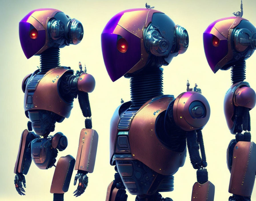 Three retro-futuristic robots with purple and bronze heads in gradient light