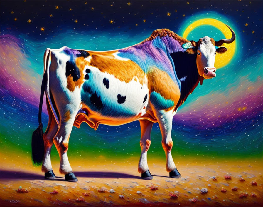 Vibrant surreal painting: cow with glowing horn in cosmic scene