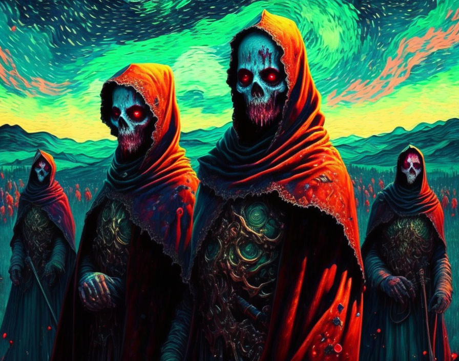 Three skeletal-faced robed figures against colorful sky: mystical and ominous.