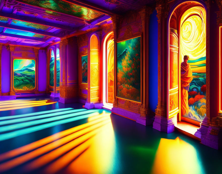 Colorful Interior with Psychedelic Lighting and Nature-Themed Art
