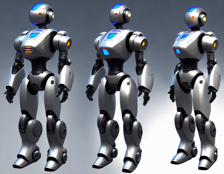 Three 3D-Rendered Robots in Blue and White on Gray Background