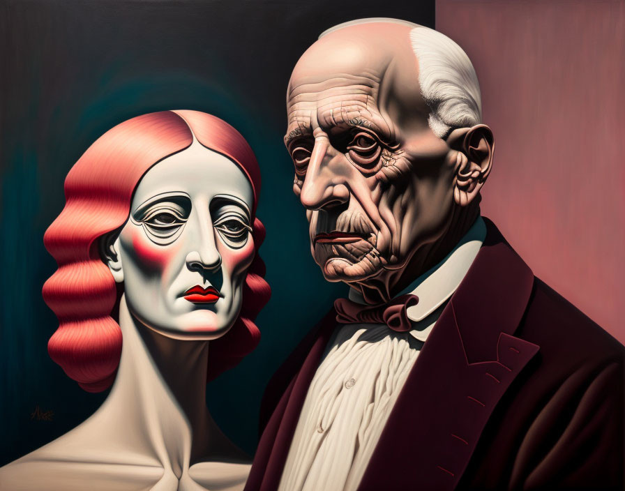 Surrealist painting featuring stylized figures with unique appearances
