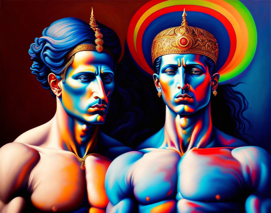 Vibrantly colored male figures with royal headgear and rainbow aura.