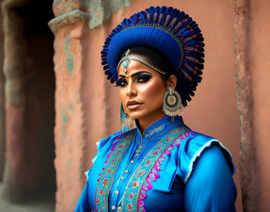 Traditional attire woman in vibrant blue with elaborate headpiece and jewelry pose against warm backdrop