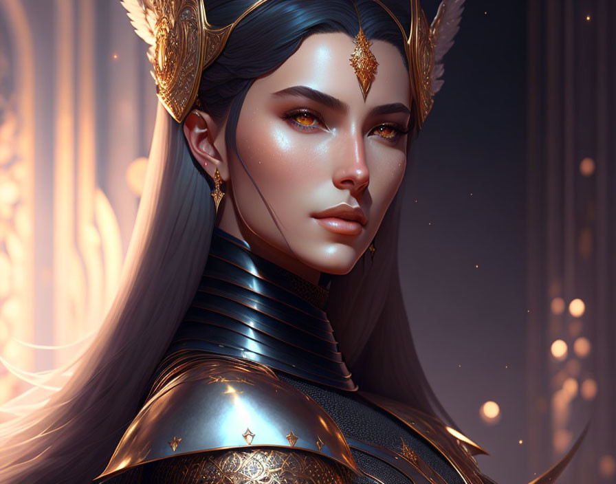 Regal woman illustration with golden headpiece and armor