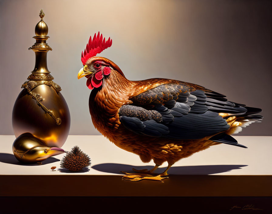 Colorful Rooster Next to Golden Bottle and Bird Sculpture in Warm Lighting