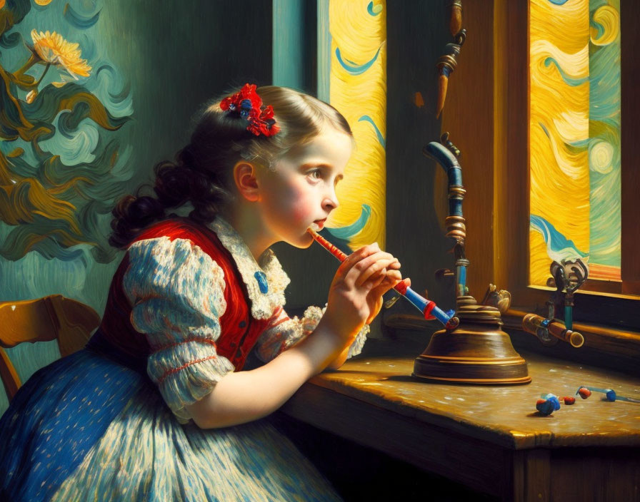 Young girl with red flower blowing bubbles by sunlit window