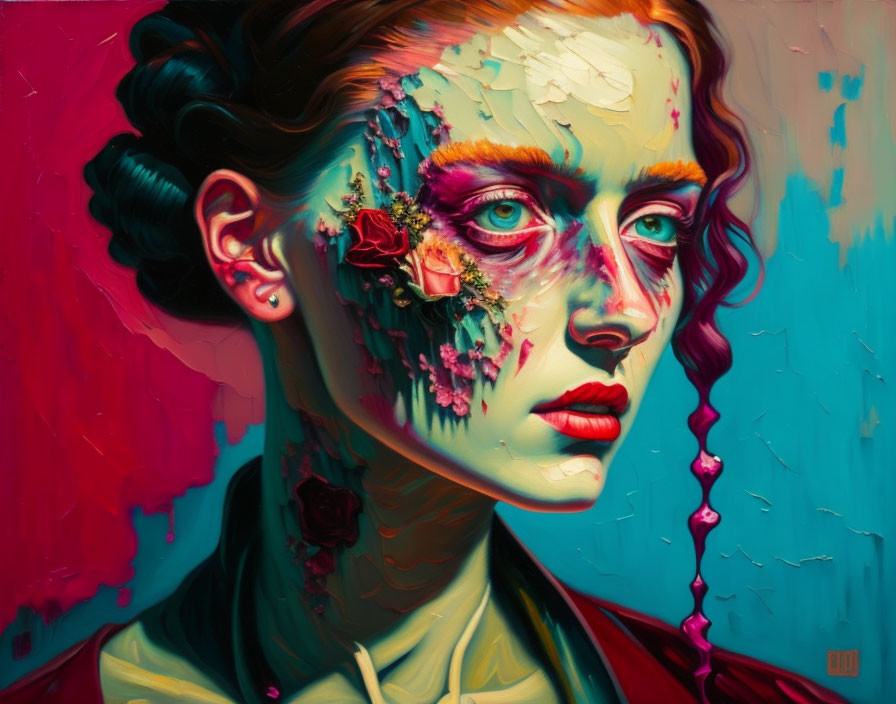 Colorful surreal portrait: Woman's face disintegrating into drips and florals on red and