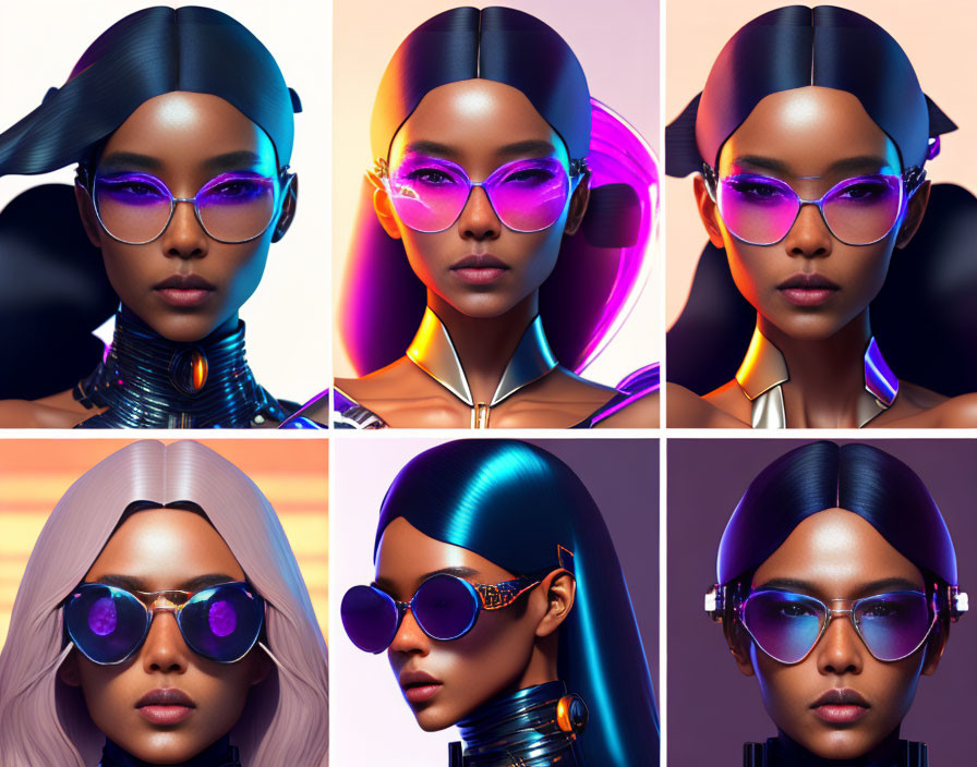 Six stylized portraits of female model with futuristic sunglasses and sleek hairstyles on gradient background