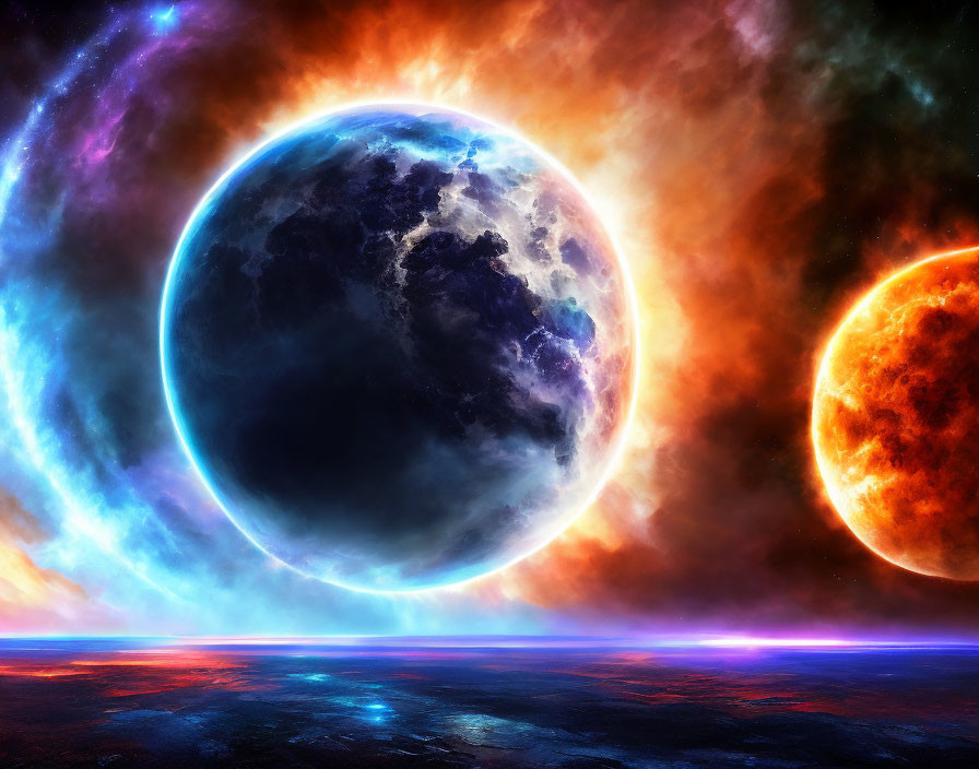 Eclipsed planet, fiery sun, nebula, and alien landscape in cosmic scene