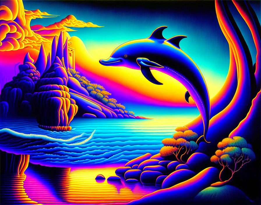 Colorful Jumping Dolphin Illustration Over Fantasy Ocean Landscape