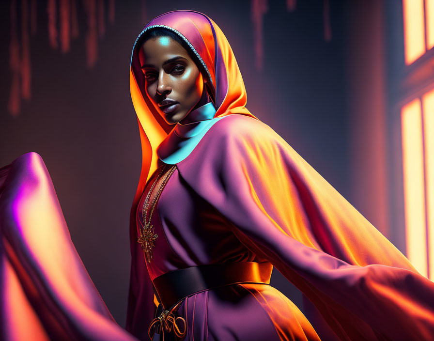 Dramatic portrait of woman with headscarf in orange glow