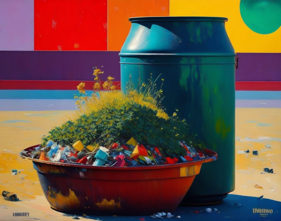 Colorful Painting Featuring Overflowing Trash Bins on Geometric Background