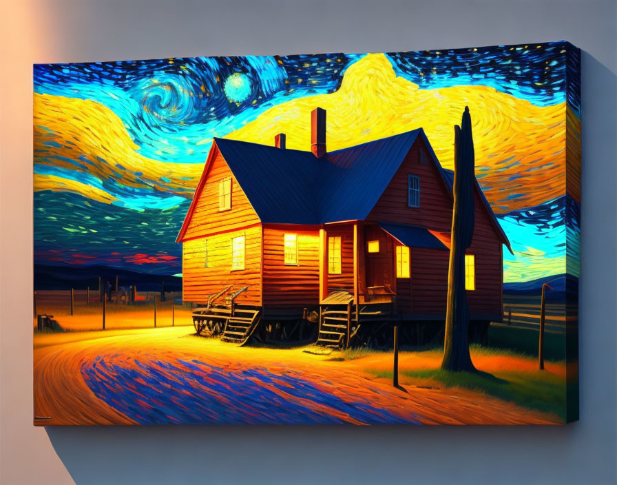 Vibrant canvas print of swirling sky and warmly lit house at dusk